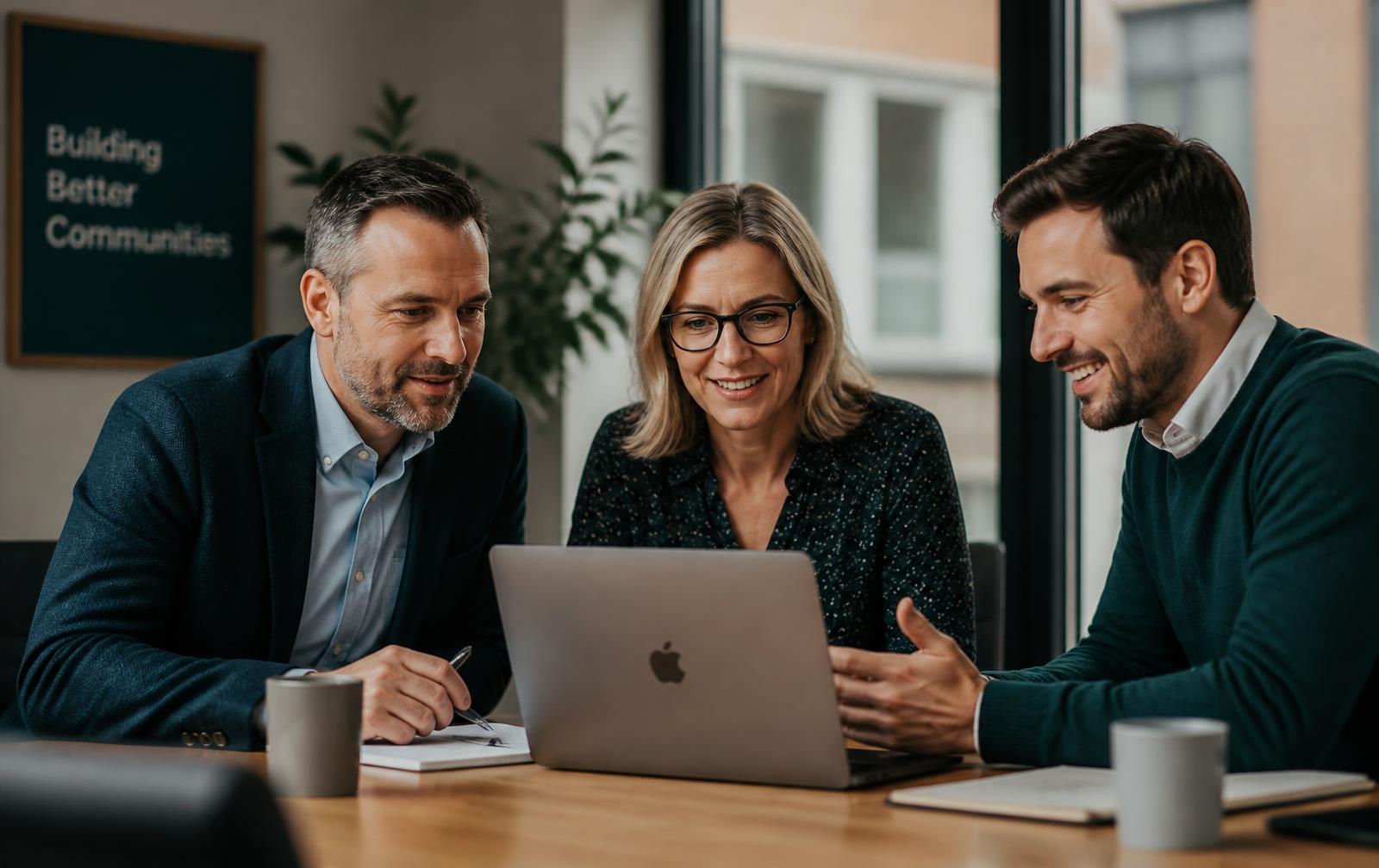 Three property and housing management professionals reviewing training together on a laptop